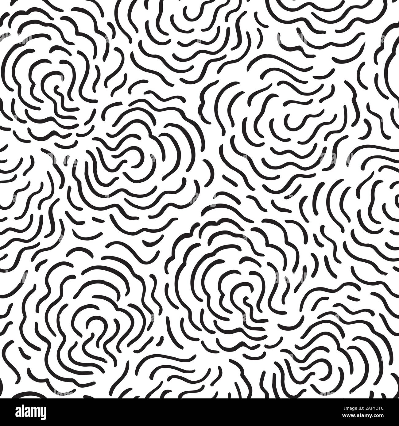 Seamless abstract hand drawn cloud pattern with hand painted irregular black line art swirl in wavy movement. Graphic and modern design for scrapbooking, stationary, fashion and packaging design. Stock Vector