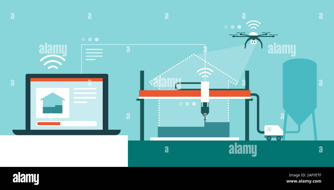 3D printer building a house and computer sending information data to the machine, 3D printed home and innovative construction industry solutions Stock Vector