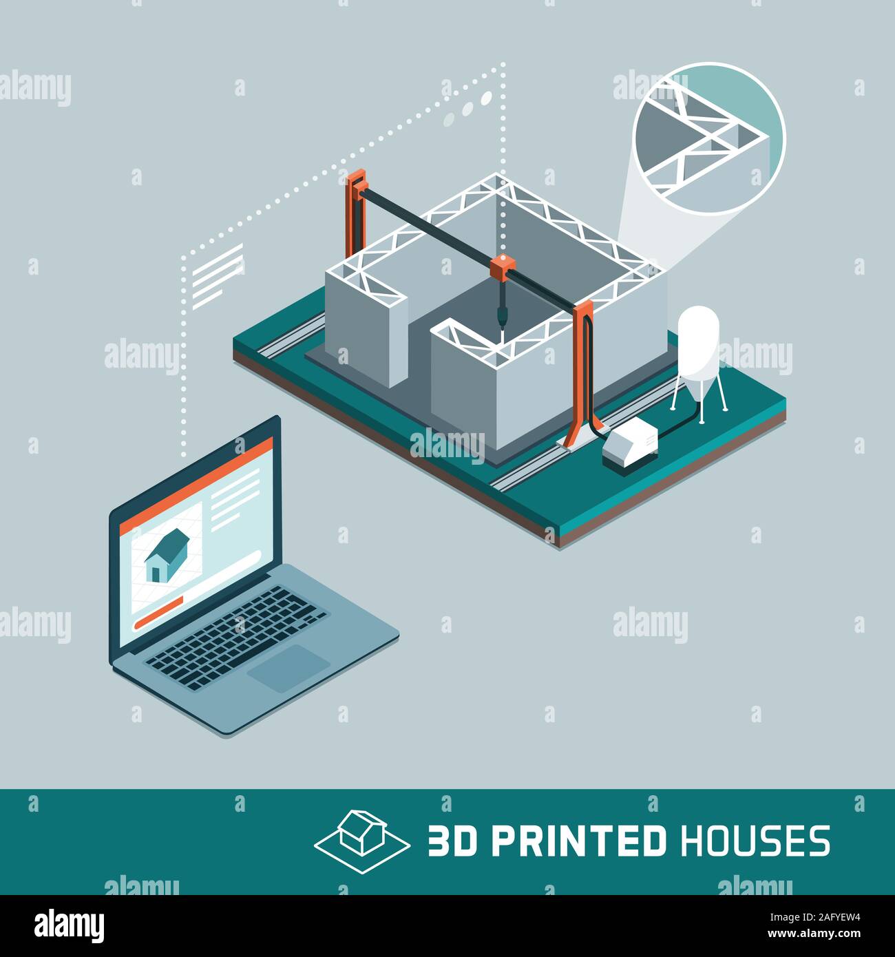 3D printing house technology with 3D printer and connected computer transmitting data and process information, construction industry innovation, isome Stock Vector