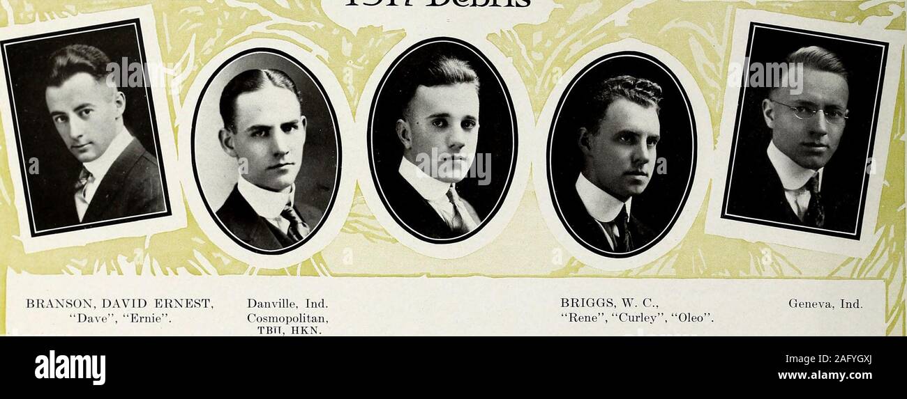 . Purdue debris. ^ 1917 Debris!. ^/fe- i ^^-^fHlj^ BRANSON, DAVID ERNEST,Dave, Ernie. Danville, Ind. Cosmopolitan, TBTT, HKN. BRIGGS, W. C,Rene, Curley, Oleo. Geneva. Ind. B. S. in E. K. A. 1. E. E. (3) (4). P. A. A. (4).Band (1) (2) (IJ). Who If) himself is law no law dolh need,Offends no law, and is a king indeed. BREENE, GALE, Dayton, OhioAT 12. BRIER, ALBERT T., A. T, Rode, Alley. Elwood, Indiana. TBn. B. S. in M. B., A. S. M. B. (4). P. A. A. (1) (2) (3) (4). His fairness and his beautyrival (hat of women. B. S. in C. E. C. B. Societv (1) (2) (3) (4). P. A.A. (1) (2) (3) (4). Class Footb Stock Photo
