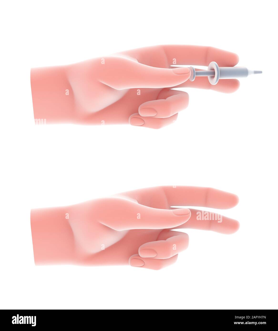 3d illustration of hand with the posture of the action of using a syringe. Image isolated on white background, with striking colors. Stock Photo