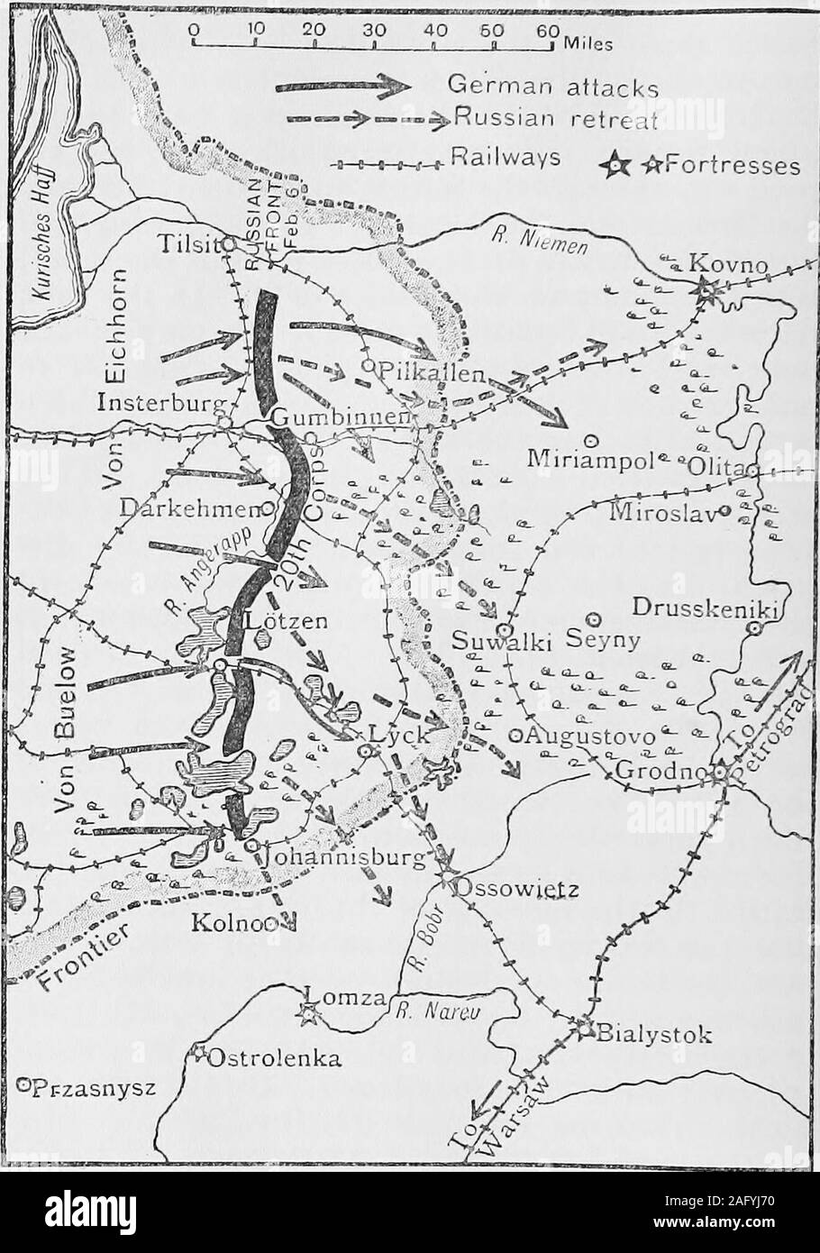 . Nelson's History of the war. reme German right one corpsunder General von Litzmann drove the Russian leftacross the frontier to Kolno. North of him Generalvon Falck occupied Johannisburg, while Generalvon Butlar drove back the Russians from beforeLotzen, The Kaiser was present at this section ofthe fight. The sternest struggle was for the narrowswhich cover the approach to Lyck from the west.These were held by the Russian rearguard, and notcarried till the morning of the 15th. But by thattime the two southern Russian corps were mostlyover the border, retreating by the Suwalki-Seynycauseway a Stock Photo