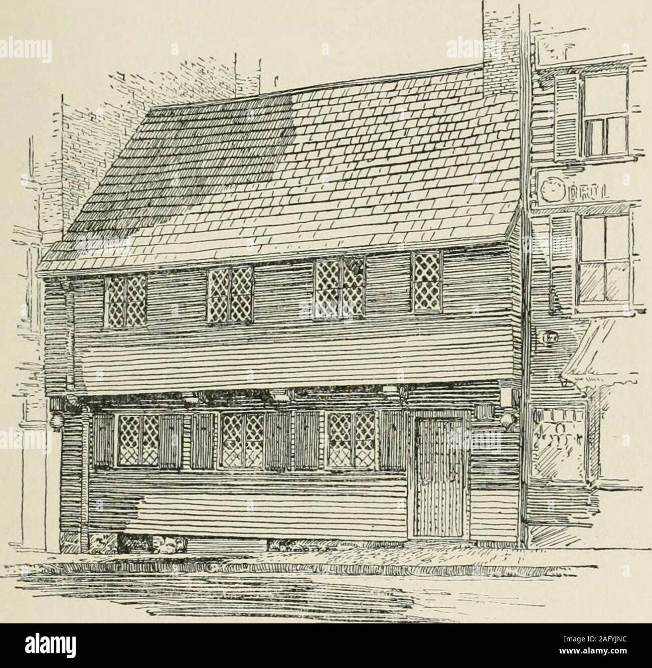 . Old Boston days & ways; from the dawn of the revolution until the town became a city. oston, is BunkerHill Monument, The next day he inevitablyspends at the North End, visiting the churchfrom whose steeple were hung the signal lightsconnected with Paul Reveres famous ride toLexington, and roaming through the house,now happily open to the public, from which,on that eventful night, the messenger of theRevolution went forth on his daring errand.The Lexington ride was by no means thefirst that Revere had taken in the service ofrebellious Boston, and, until Longfellow wrotehis poem, it did not se Stock Photo