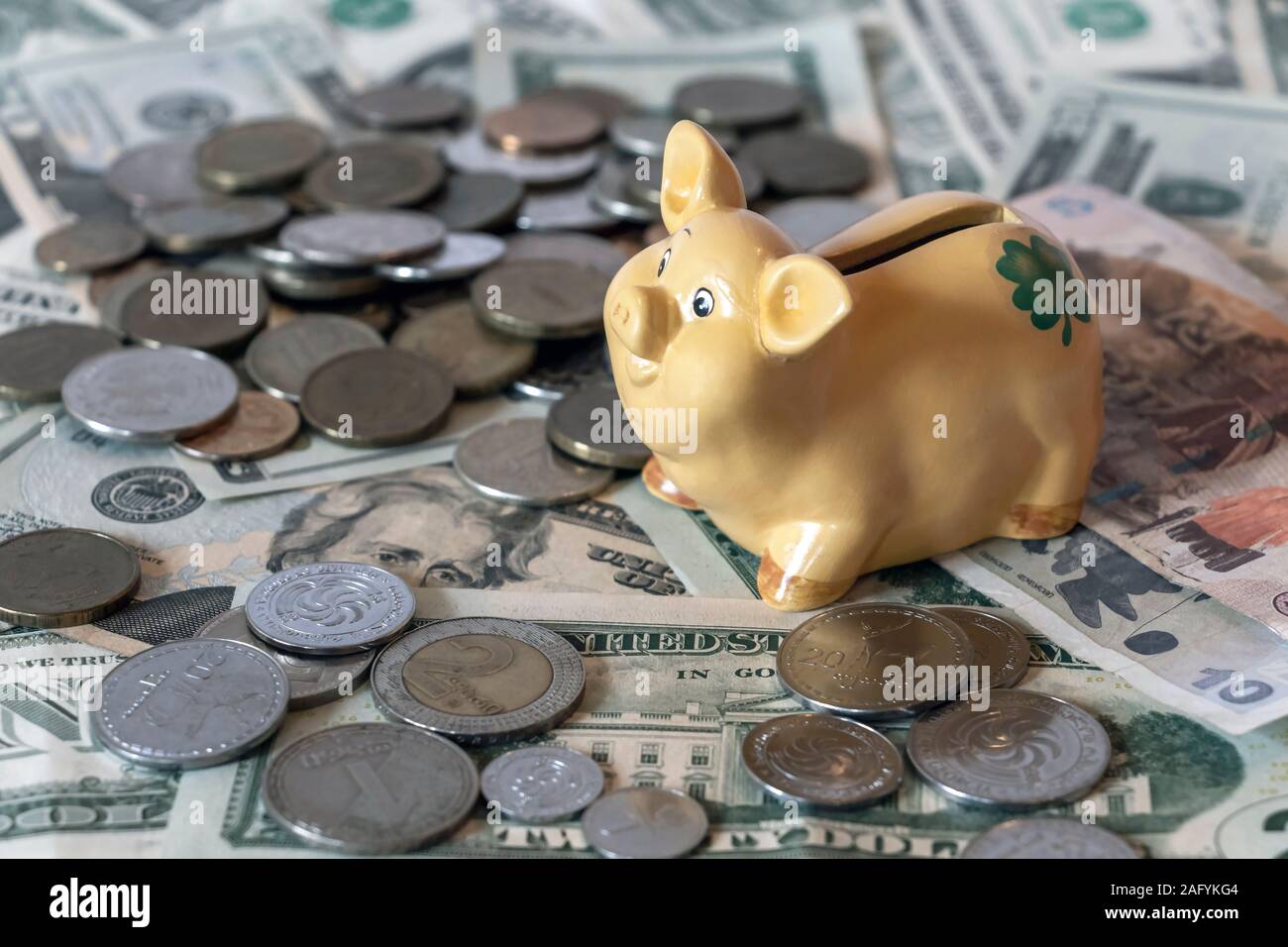 Piggy bank with georgian lari coins on the background of the american dollar usd banknote and ruble rub coins. International currency and economy conc Stock Photo