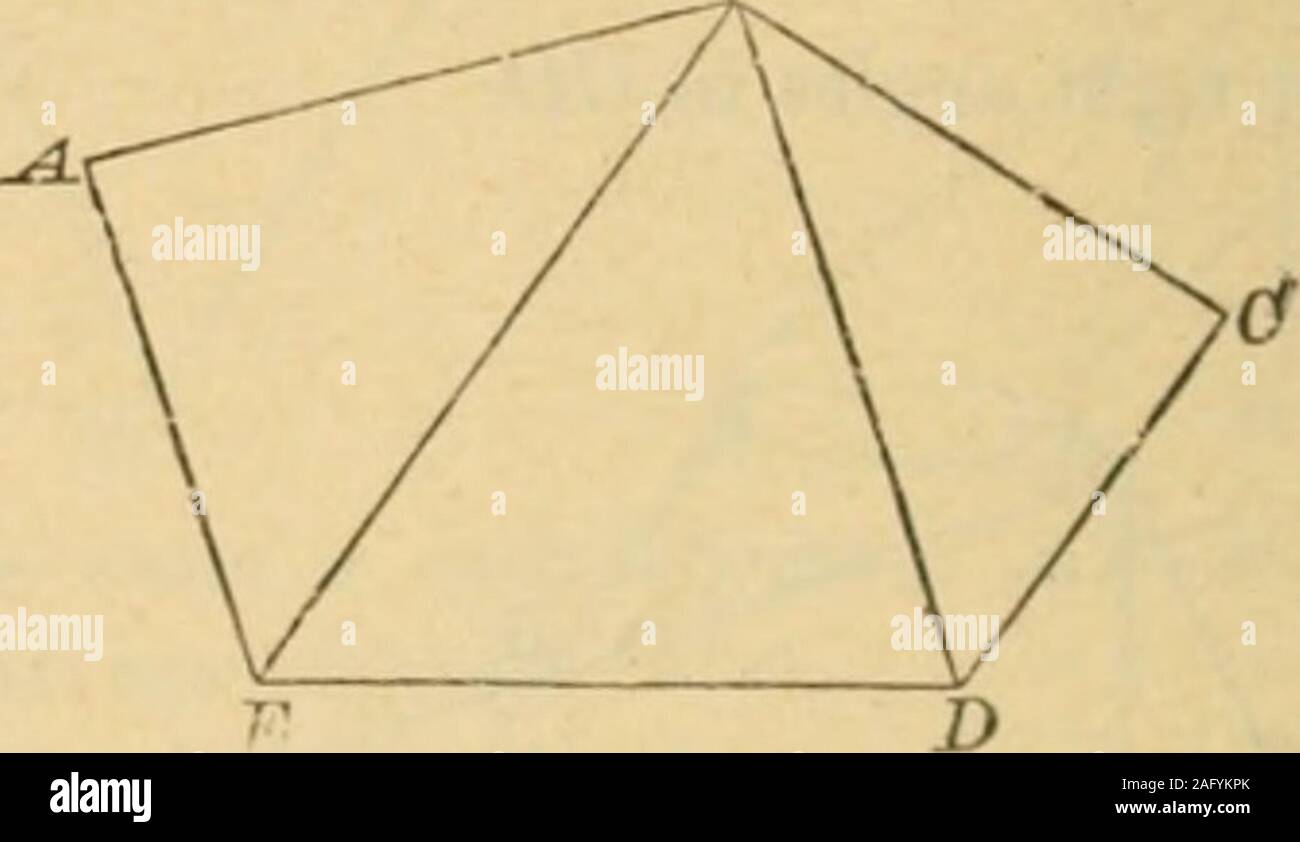 . Elements of geometry : containing books I to III. Produce DC to F, making CF=AB. Join AF, cutting BC in 0. Then in As AOB, COF, :? lBA0= l CFO. and l A0B= l FOC, and AB=CF; .-. lC0F=aA0B. 1.26. Hence trapezium ABCD = &ADF. Now suppose the measures of AB, CD, A IS to be m. n, prespectively . .. measure of DF=m + n, . CF=AB. Then measure oi area of trapezium measure of DF X measure of AE) =4 (&lt; + »0 x P- That is, the measure of the area of a trapezium is fom (,,multiplying half the measure of the sum of the parallel aidesbv the measure of the perpendicular distance between theparallel sides Stock Photo