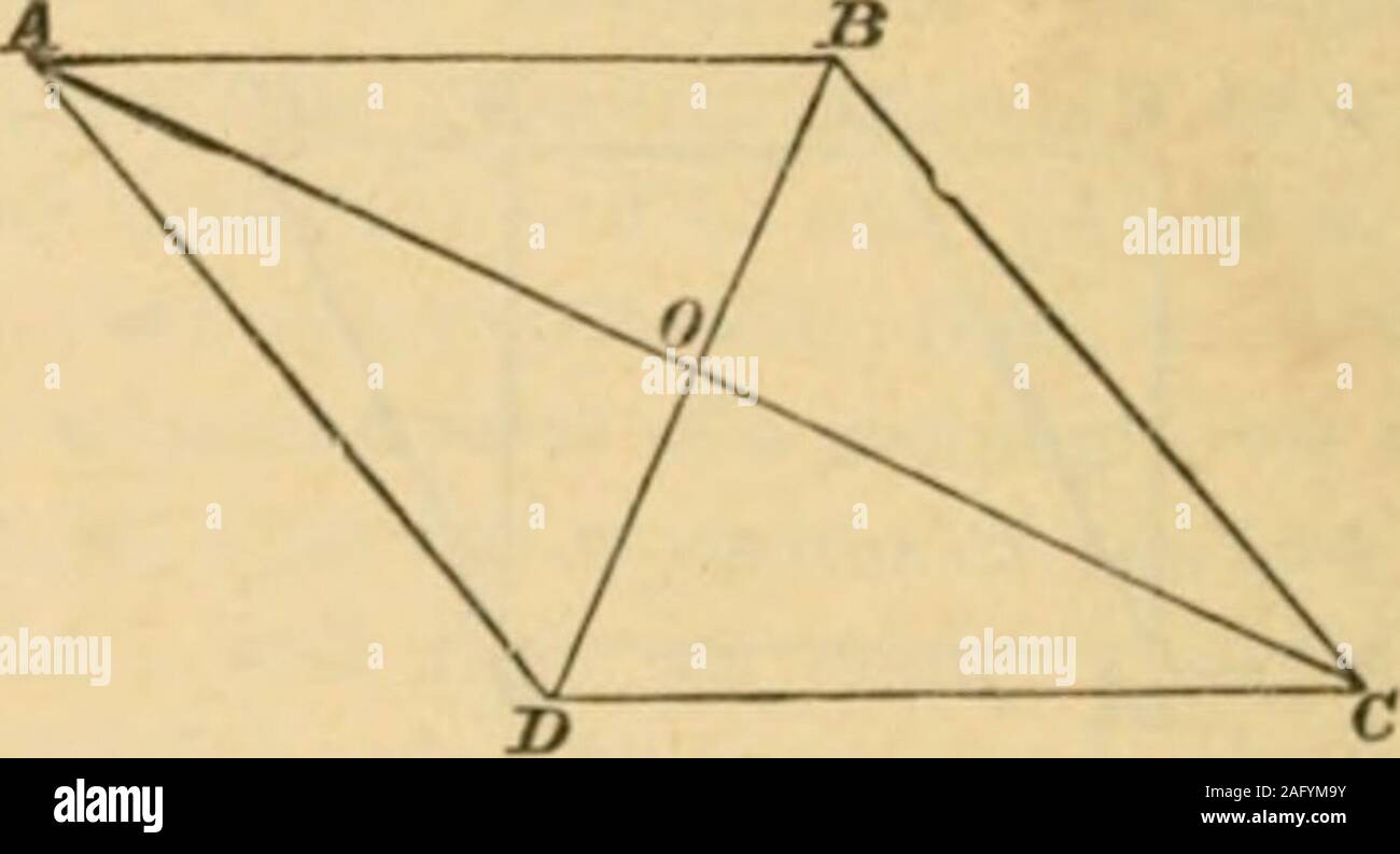 . Elements of geometry : containing books I to III. B J) 0 -B and if, in both cases, a parallelogram ABCE be completedof which AB, BC are adjacent Bides, area of a .l/&gt;V=half of aiea of CJ ABCE.Now if the measure of BO lie b, and 4D... /?-, measure of area ofO .! /.(E is A// ; measure of area of a ABC is 2 .4?m o/fl Rhombus. Lei ABCD be tlie given rhombus. Draw the diagonals .(and BD, cutting on i another in 0.. It 18 easy to prove that .I and Bl&gt; bisbct each other atright angles. Tlieii if the measure of AC be 35,and ..., /./ ... /. measure of ar a of rhombus=tw ice measure of &ACD. ?» Stock Photo