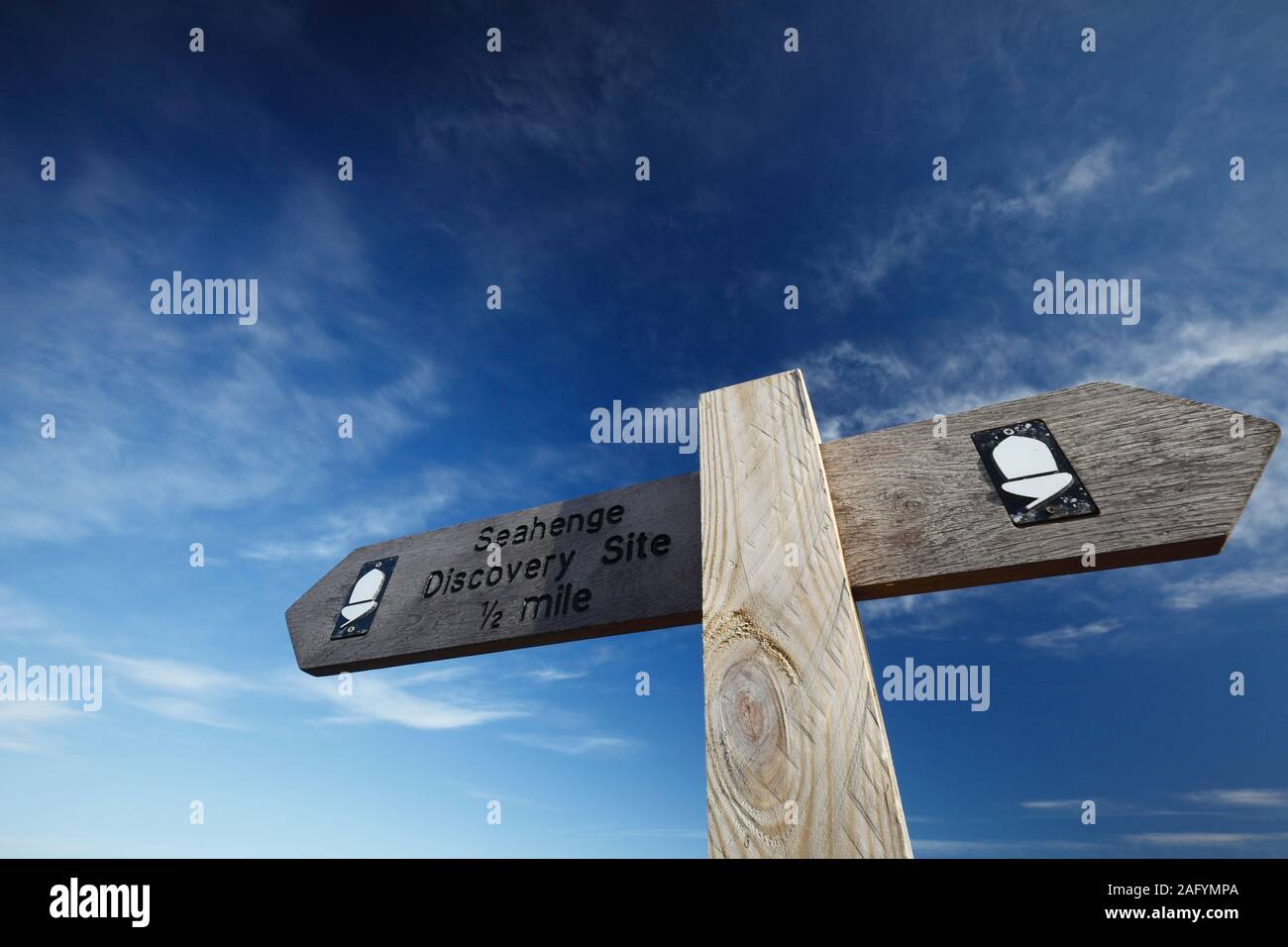 Signpost to Seahenge discovery site on the North Norfolk coast at Thornham. Stock Photo