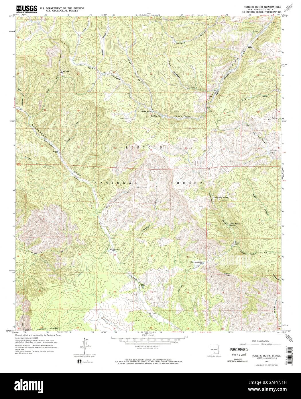 USGS TOPO Map New Mexico NM Rogers Ruins 192098 1965 24000 Restoration Stock Photo