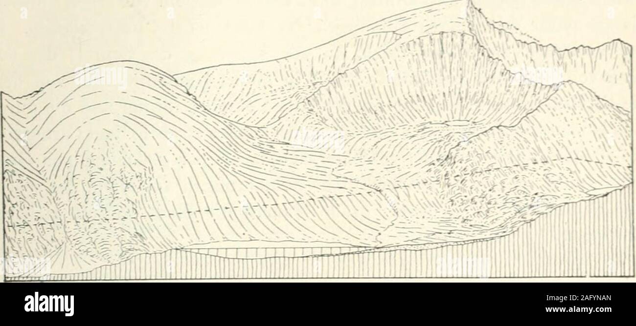 . Eine geographische studienreise durch das westliche Europa. n senkten (Abb. 6). Auf dieses frühere Aussehen des Berges könnenwir schließen aus einigen kleinen noch erhaltenen Resten dieses Formen- Charakters, der sonst fast vollständig zerstört ist. In den Talschlüssen derradial ausstrahlenden Bäche waren zur Karbildung günstige Bedingungenvorhanden. Bei der großen Höhe des Snuwdon ragten diese Gebiete dielängste Zeit über die Schneegrenze empor und konnten so schon beim Ein-tritt der Eiszeit und noch während ihres Rückganges Firnfelder tragen,nicht nur zur Zeit der stärksten Vergletscherung Stock Photo