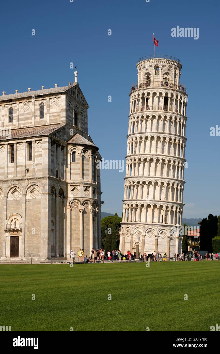 The popular tourist destination of the Leaning Tower of Pisa / Tower of Pisa a Romanesque bell tower in The Piazza dei Miracoli Pisa Italy Tuscany EU Stock Photo