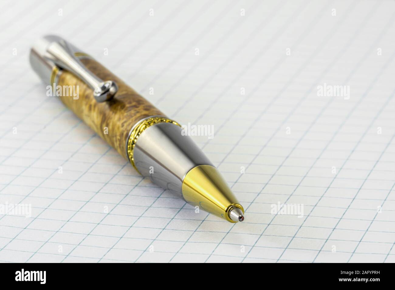 A fine writing instrument (ballpoint pen) laying across blue lined