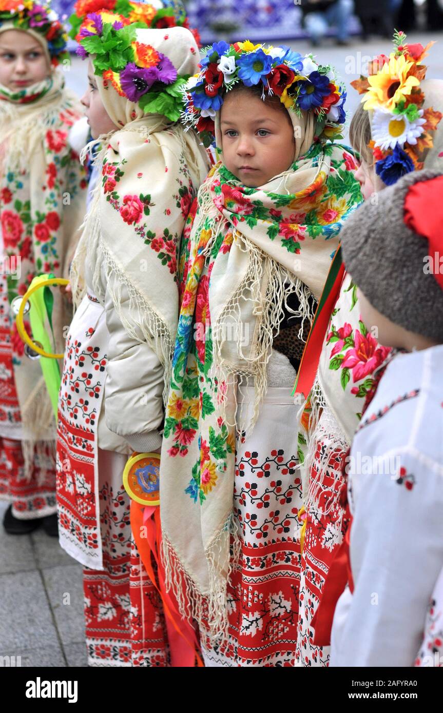 Cherkasy, Ukraine,January,14, 2014: Children dressed in traditional ukrainian clothes took part in the city Christmas festival Stock Photo
