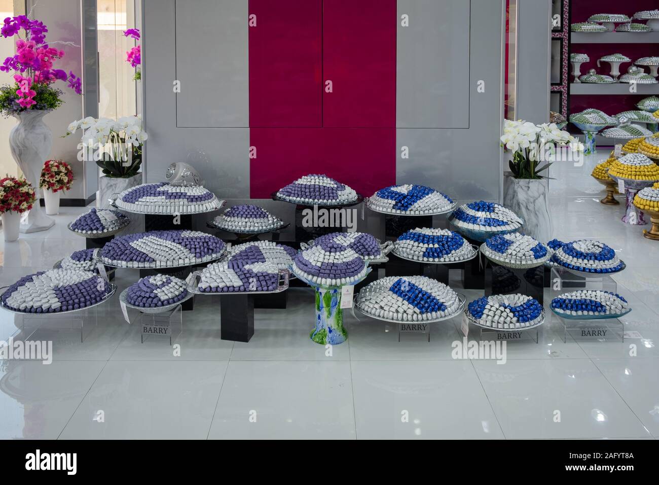 Beautifully decorated chocolates in trays Stock Photo