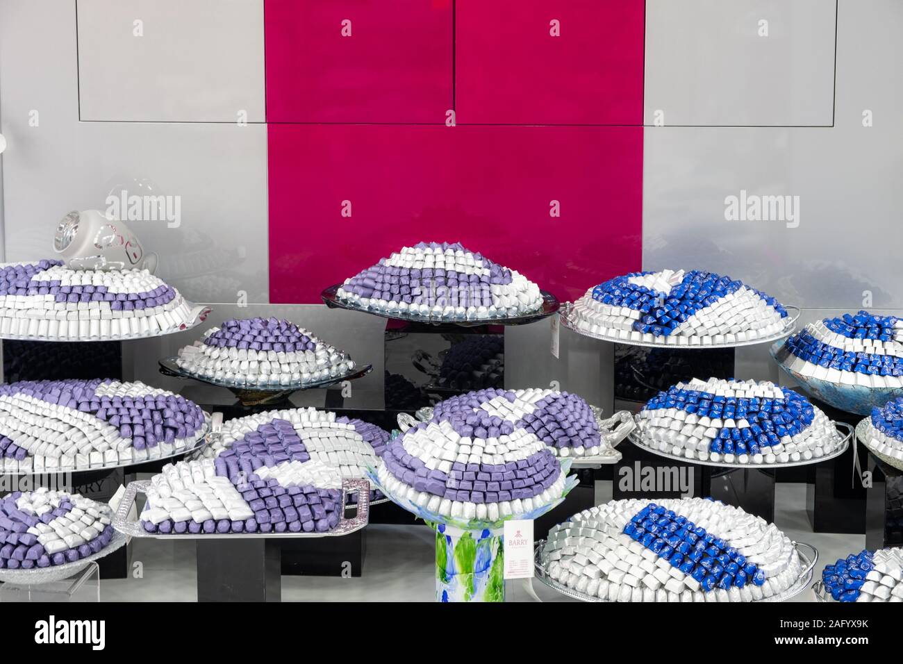 Beautifully decorated chocolates in trays Stock Photo
