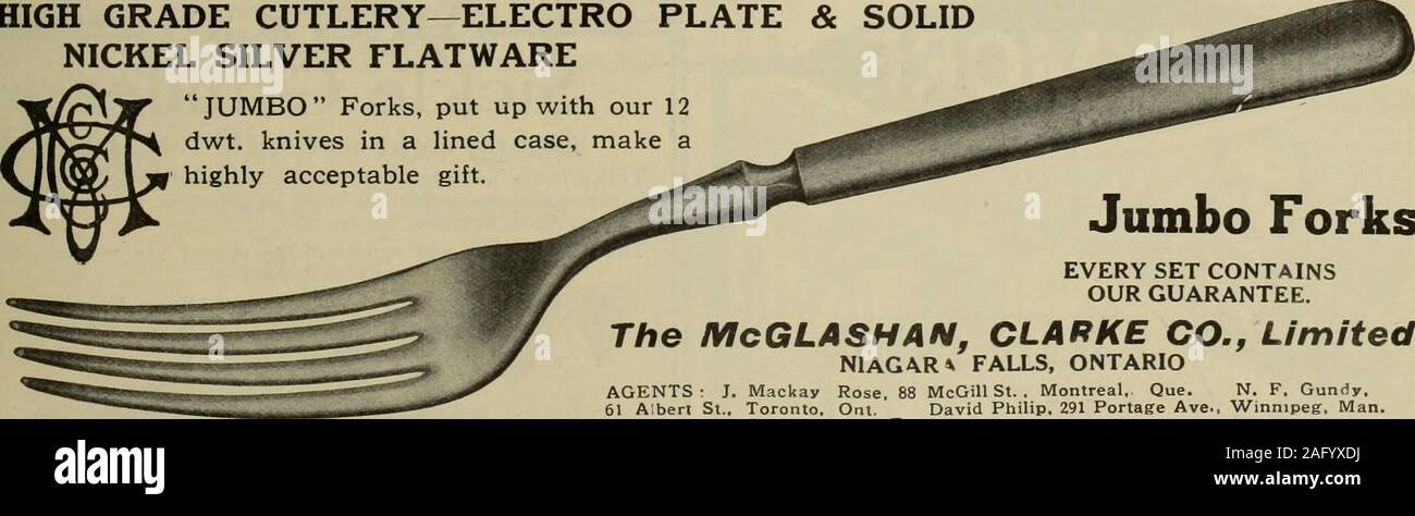 . Hardware merchandising August-October 1912. HIGH GRADE CUTLERY—ELECTRO PLATE & SOLIDNICKEL SILVER FLATWARE. Jumbo Forks EVERY SET CONTAINSOUR GUARANTEE. The McGLASHAN, CLARKE CO., Limited NIAGAR* FALLS, ONTARIO AGENTS: J. Mackay Rose, 88 McGill St. Montreal. Que. N. F. Gundy, 61 Albert St., Toronto, Ont. David Philip, 291 Portage Ave., Winnipeg, Man. Benj Rogers, Charlotteiown, P.E.I. If You Want The Best GET UTICA BRAND Manufactured by the Utica Drop Forge Co. M Utica, N.Y. Stock Photo