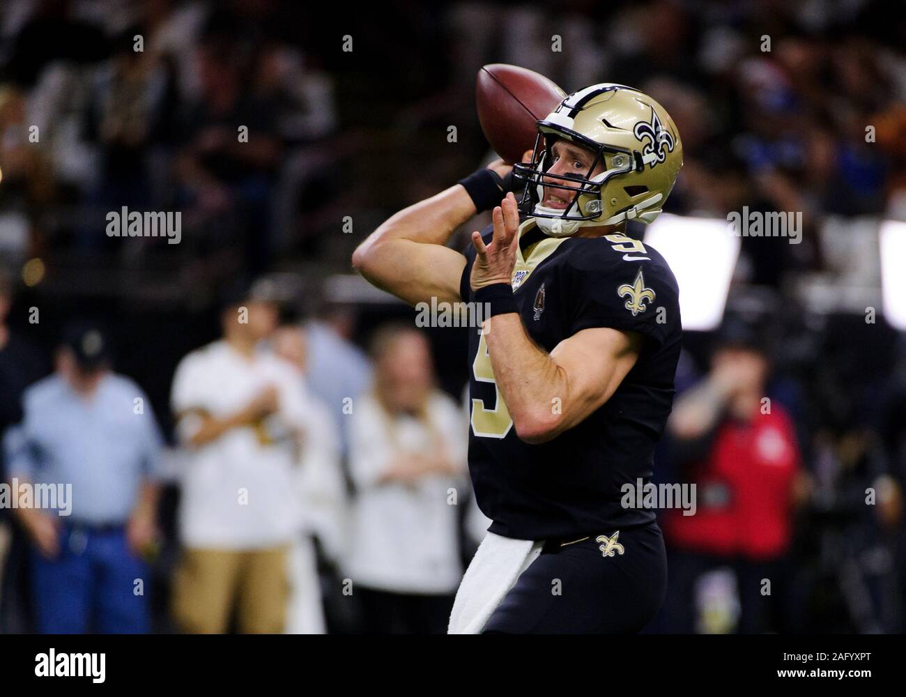 December 16 2019: New Orleans Saints quarterback Drew Brees (9) throws a pass during warmups before the NFL game between the New Orleans Saints and the New Orleans Saints at the Mercedes Benz Superdome in New Orleans, LA. Matthew Lynch/CSM Stock Photo