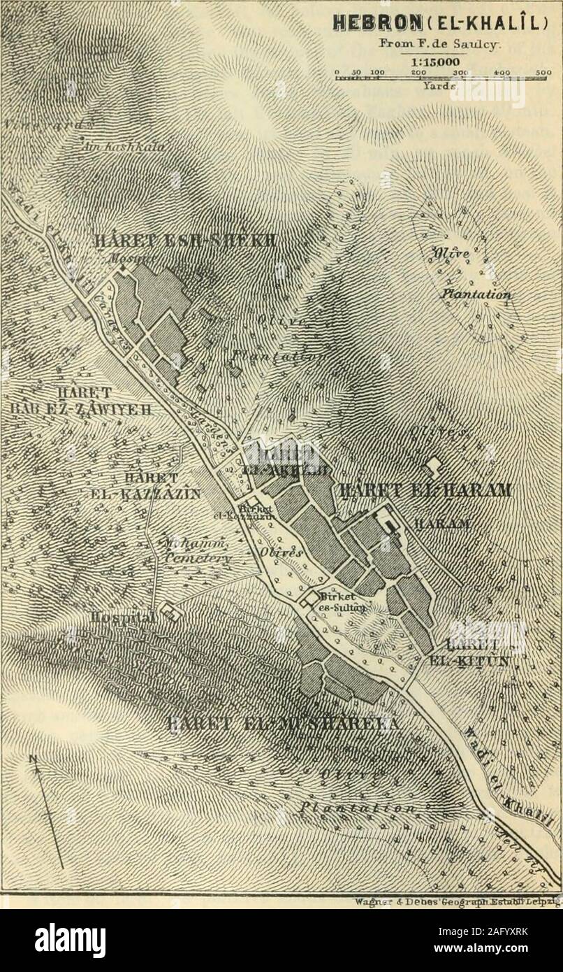 . Palestine and Syria with the chief routes through Mesopotamia and Babylonia; handbook for travellers;. the mosaic map of Madeba (p. 147). The traces of anancient Christian church were formerly visible. A little way to theS. there are tomb-chambers in the artificially hewn and levelledstratum of rock. At the top of the hill are ruins called Belt Sur,which answer to the ancient Beth-Zur (Josh. xv. 58; Nehem. iii. 16).At the period of the Maccabees Beth-Zur was a place of greatimportance. A little farther on (5 min.) the Mohammedan villageof Halhid (Josh. xv. 58) becomes visible on a hill to th Stock Photo