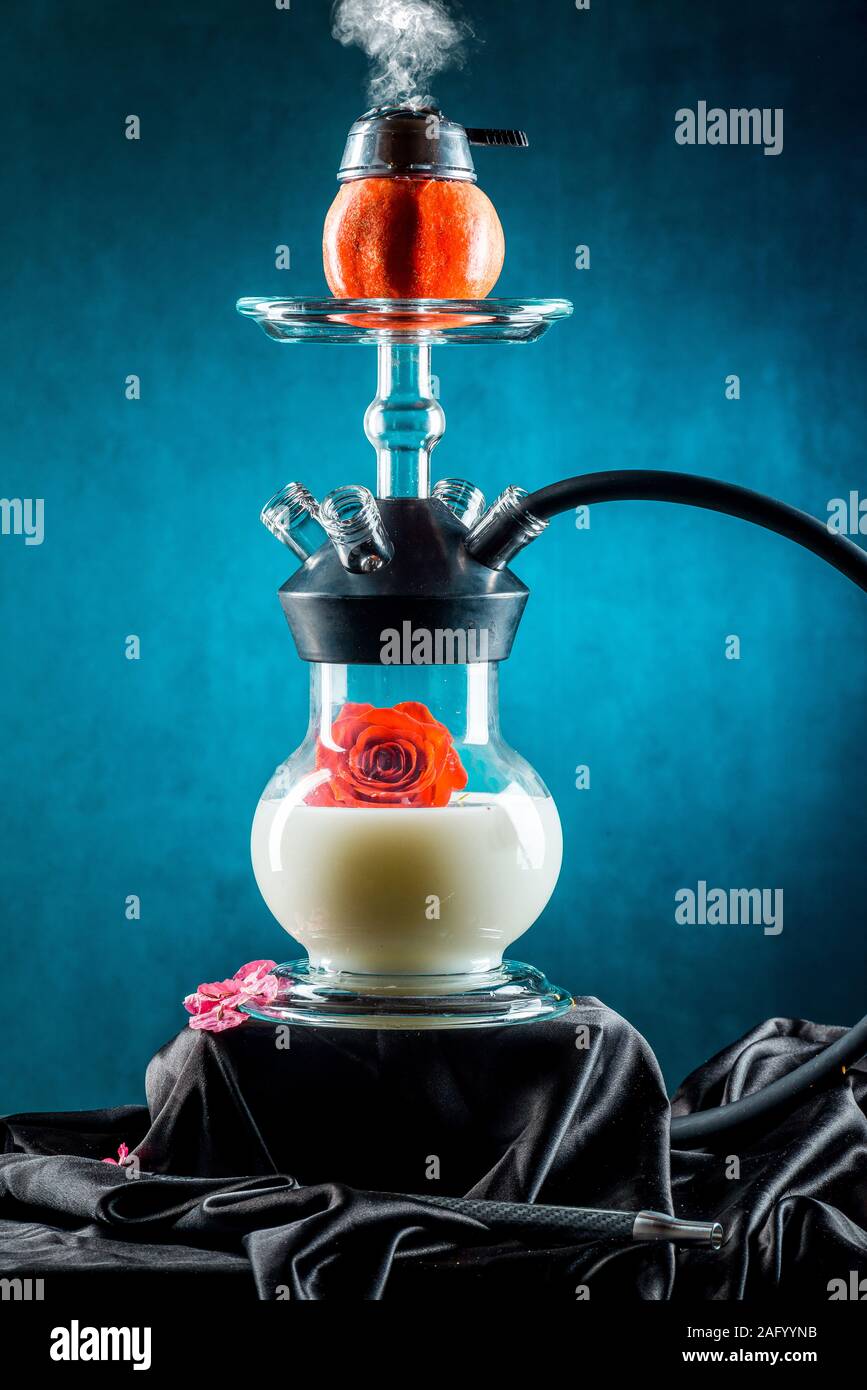 Milk hookah with fruits against a dark background with smoke Stock