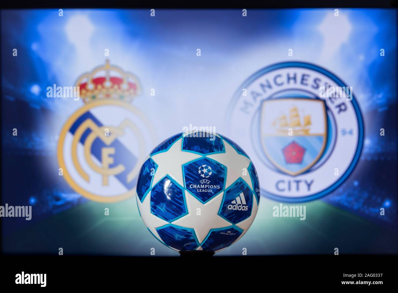 UEFA Champions League 2020, Round of 16 UCL football, Knockout stage, playoff, Official Adidas soccer ball 2020 Stock Photo