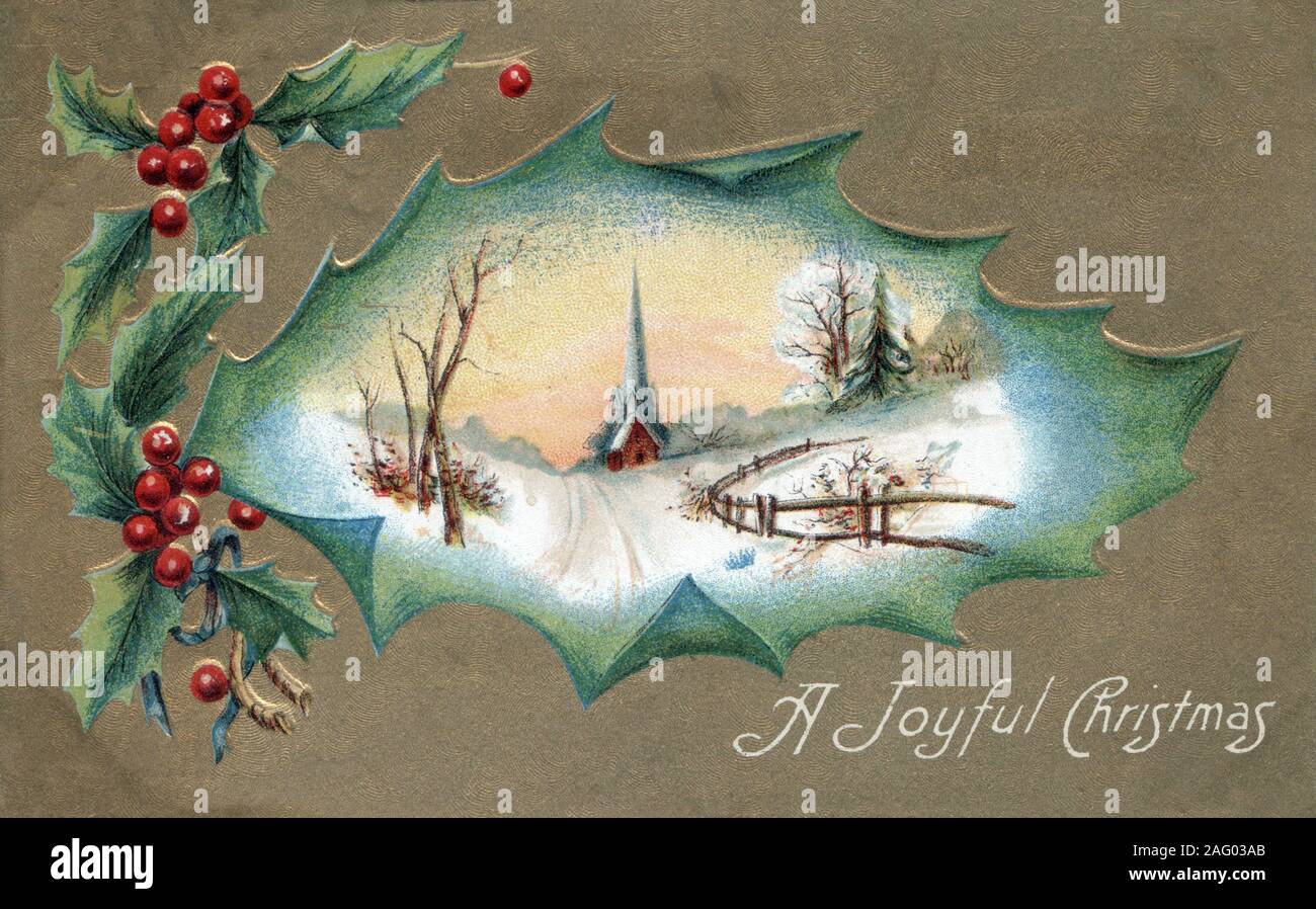 Vintage Christmas Postcard Greeting card, holly, gold, view jolly Christmas Stock Photo