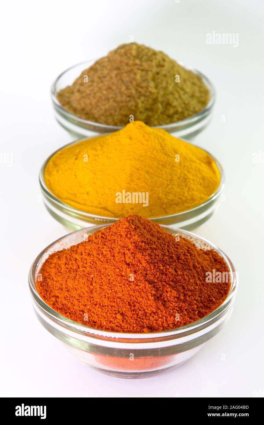 Spice Powder Chili, Turmeric & Coriander in Bowl isolated on White