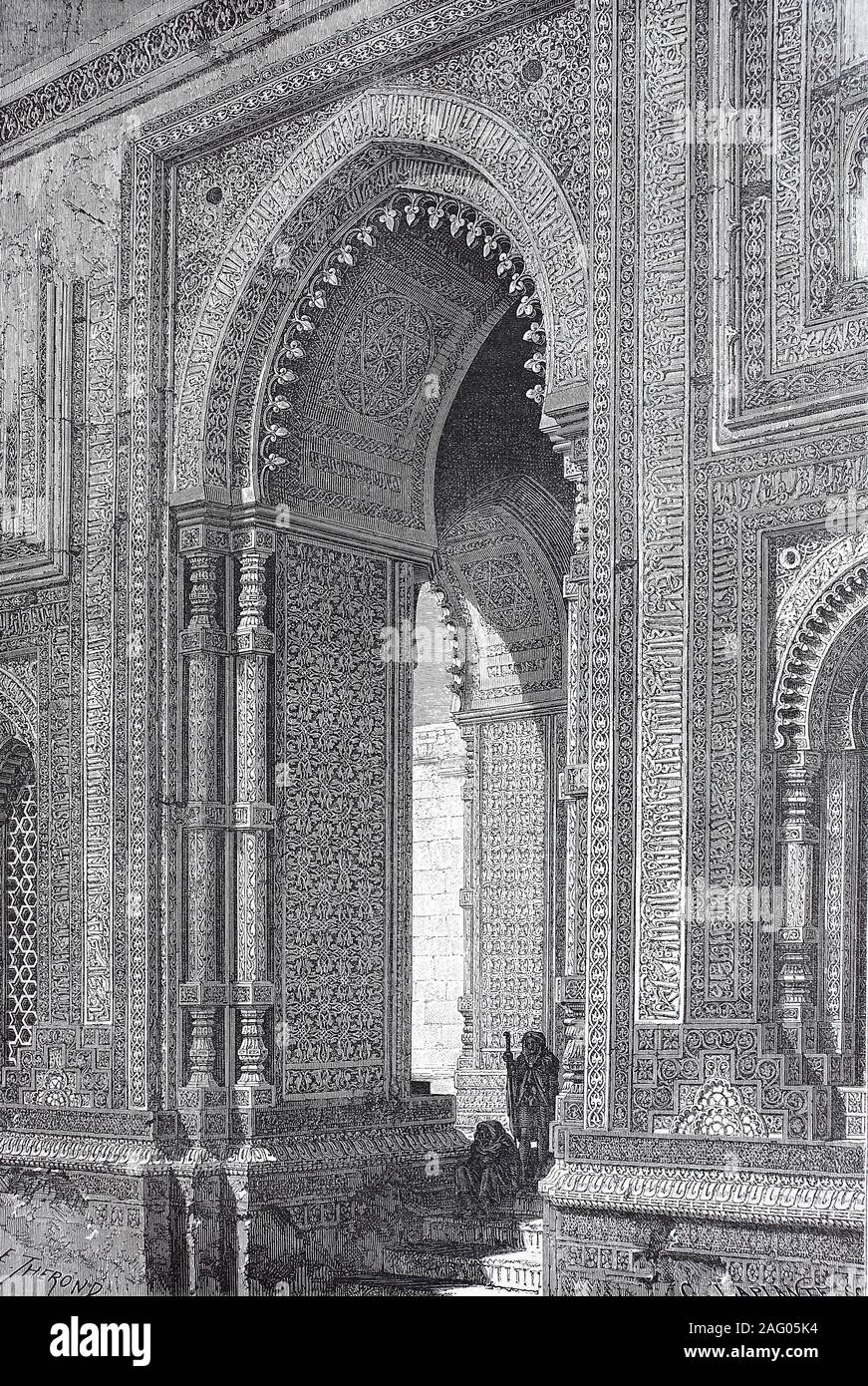 View of the Porte d' Aladin, the Aladin gate, of the Kootub-Minar-Mosque, Delhi, India  /  Ruinen Aladintor der Quwwat-ul-Islam-Moschee, Macht-des-Islam-Moschee, Qutb-Komplex im Süden von Delhi, Indien, Qutb-Komplex im Süden von Delhi, Indien, Reproduction of an original print from the 19th century, digital improved / Reproduktion einer Vorlage aus dem 19. Jahrhundert, digital verbessert Stock Photo