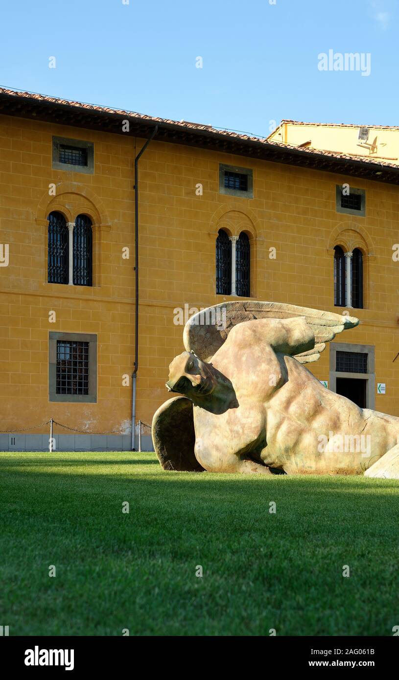 Angelo Caduto / Fallen Angel sculpture designed by the Polish sculptor Igor Mitoraj in the Piazza dei Miracoli / Campo dei Miracoli Pisa Italy EU Stock Photo