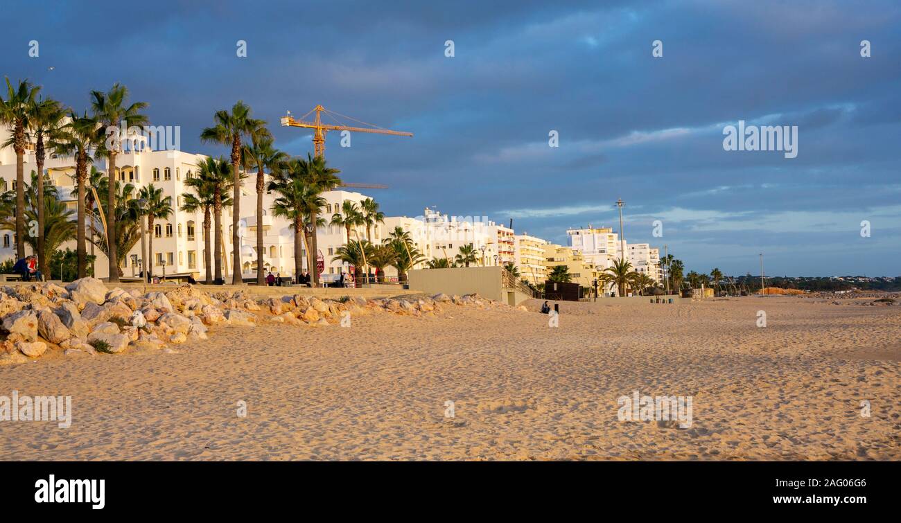 Quarteira, Portuga The wide expanse of beach in the Algarve town of Quarteira, Portugal Stock Photo