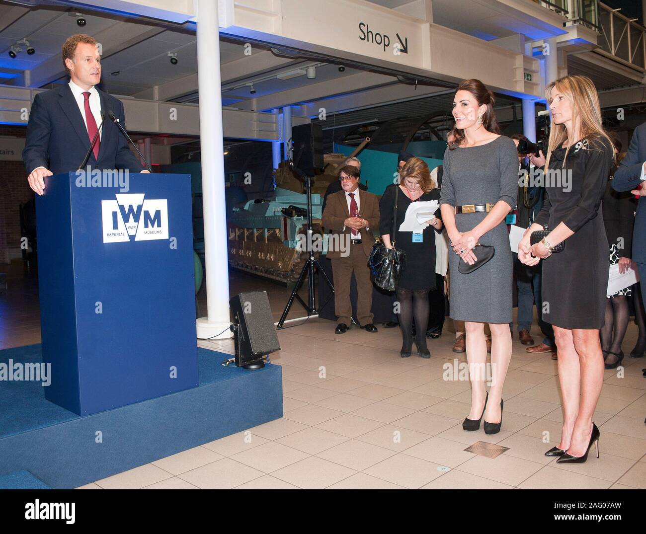 Viscount Rothermere chairman of the IWM Foundation welcoming The  Duke and Duchess of Cambridge pictured with Viscountess Rothermere to a fund raising event at the Imperial War museum in London, Stock Photo