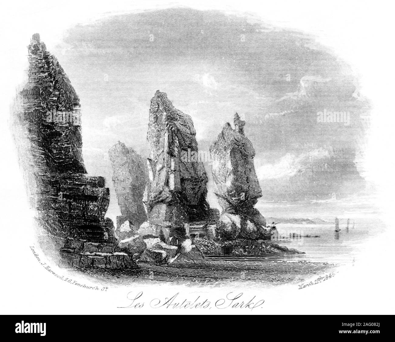 An engraving of Les Autelets, Sark dated March 11th 1845 scanned at high resolution. Believed copyright free. Stock Photo