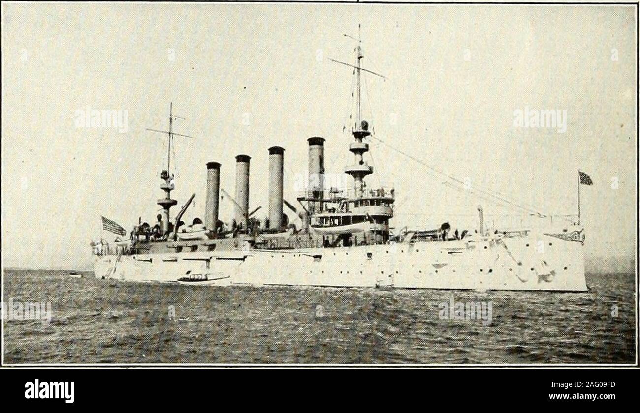 . St. Nicholas [serial]. ip. Armored cruisers are lesspowerful than battle-cruis-ers. They have not such powerful guns or armoras the latter; neither can they steam as fast. TheUnited States has many fine specimens of thearmored cruiser afloat. They usually mount alarge number of 8-, 9-, or lo-inch guns, with asecondary battery of 4-, 5-, or 6-inch guns, be-sides the usual number of machine- and rapid-fireguns. Their armor-belt is sometimes as thick asthat of the battle-cruiser, but they cannot steamat the tremendous speed of the latter class of ship. The British Good Hope and Monmouth, sunkby Stock Photo