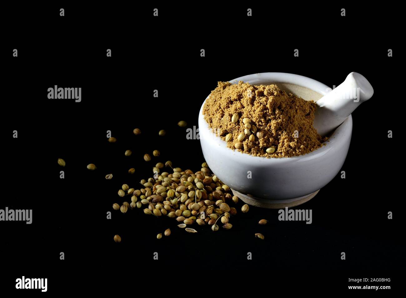 Coriander Powder and seeds with mortar and pestle on black background. Stock Photo