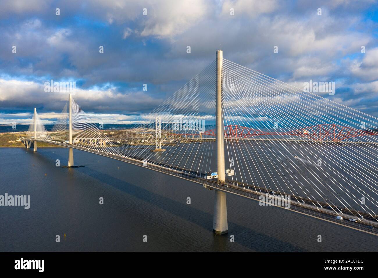 Aerial view of the Queensferry Crossing bridge spanning the Firth of Forth river in Scotland, UK. Stock Photo