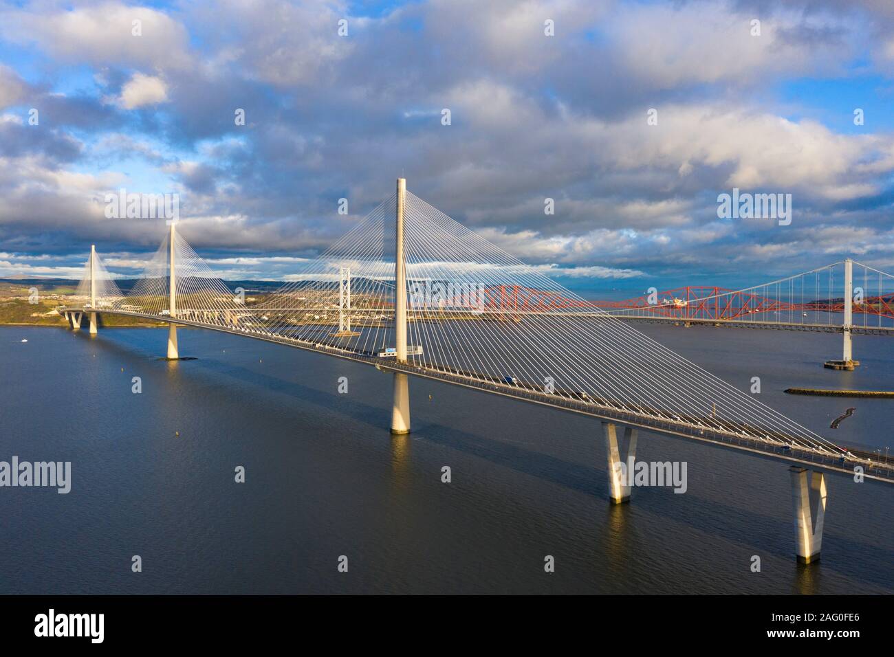 Aerial view of the Queensferry Crossing bridge spanning the Firth of Forth river in Scotland, UK. Stock Photo