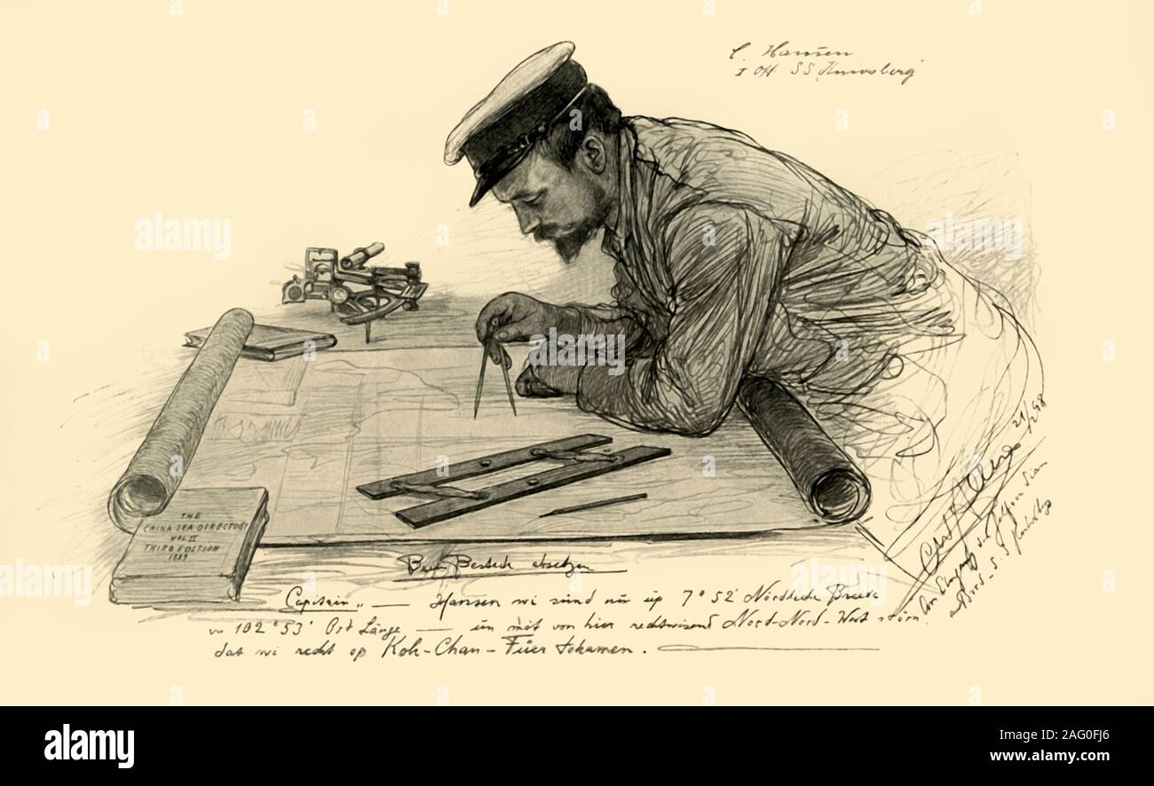 A Hansen, first officer on the 'Knivsberg', 1898. Portrait of a German crew member using compasses and parallel rulers to plot the course of the SS Knivsberg through the South China Sea. On the table is a copy of &quot;The China Sea Directory&quot;, volume II, 3rd edition, [1889]. From &quot;Rund um die Erde&quot; [Round the Earth], written and illustrated by C. W. Allers. [Union Deutsche Verlagsgesellschaft, Stuttgart, 1898] Stock Photo