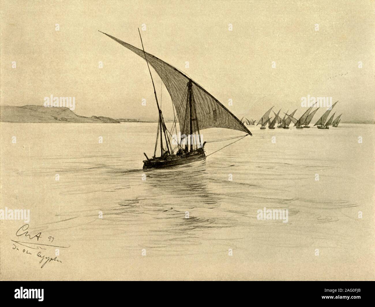 Feluccas on the River Nile, Cairo, Egypt, 1898. From &quot;Rund um die Erde&quot;, by C. W. Allers. [Union Deutsche Verlagsgesellschaft, Stuttgart, 1898] Stock Photo