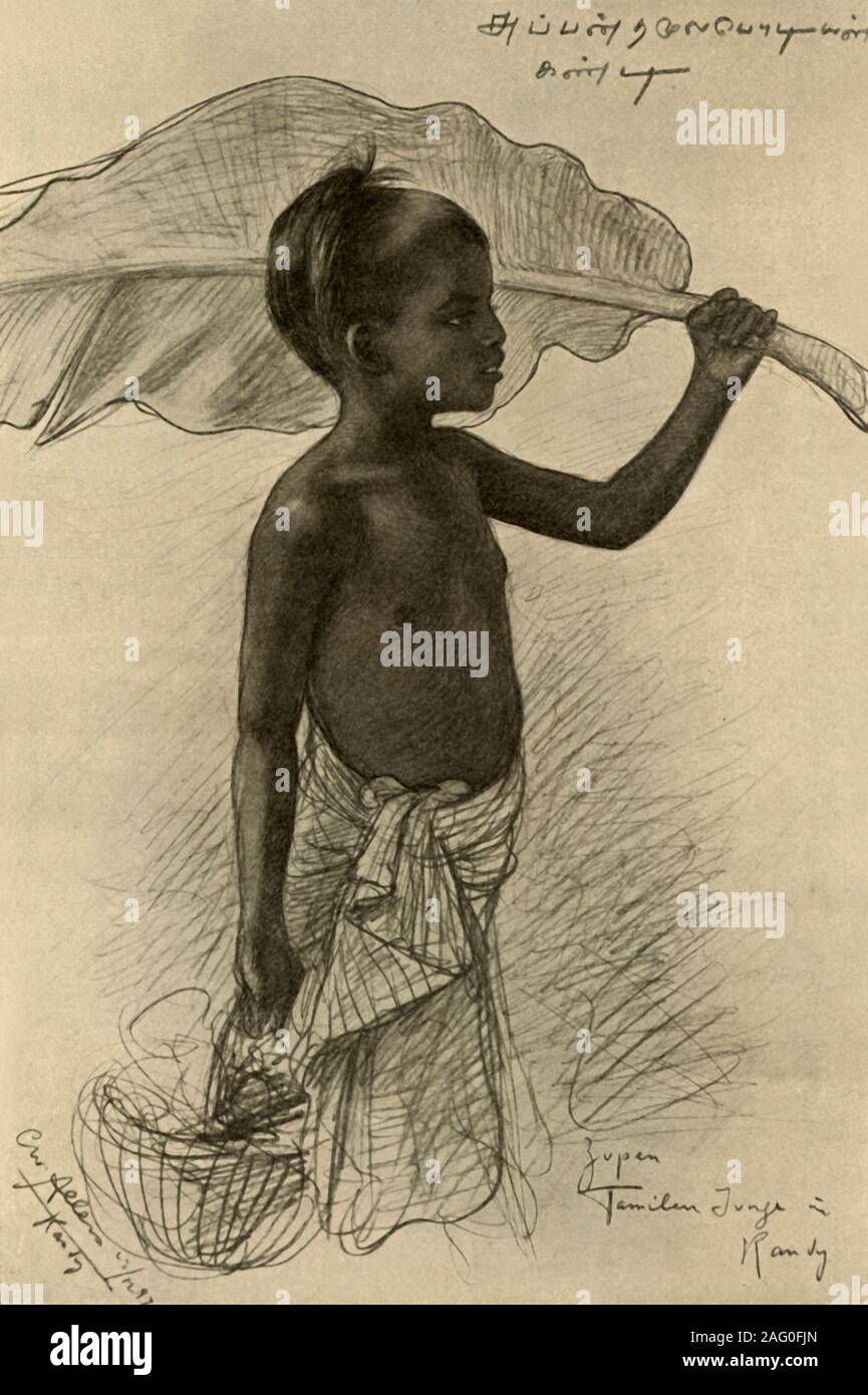 Tamil boy, Kandy, Ceylon, 1898. Portrait of a boy with a large leaf
