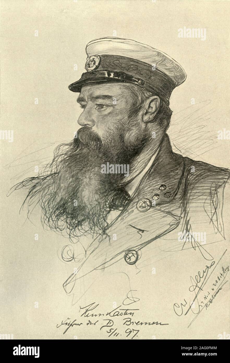 The captain of the 'Bremen', 1898. The SS Bremen was a ship of the  Norddeutscher Lloyd (North German Lloyd), a German shipping company. From  &quot;Rund um die Erde&quot; [Round the Earth], written