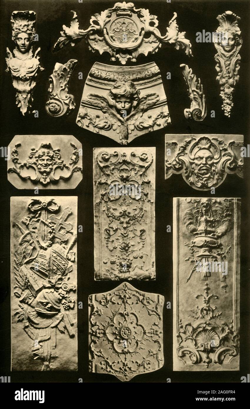 Metalwork and woodcarving, France and Germany, (1898). 'Figs 1-7: Table mountings in the Royal Bavarian Museum, Munich, Louis XIV period [c1643-1715]. Figs 8-12: Various French woodcarvings, Fig 11 from the Choirstalls of Notredame at Paris. Plate 80b from &quot;The Historic Styles of Ornament&quot; translated from the German of H. Dolmetsch. [B.T. Batford, London, 1898] Stock Photo