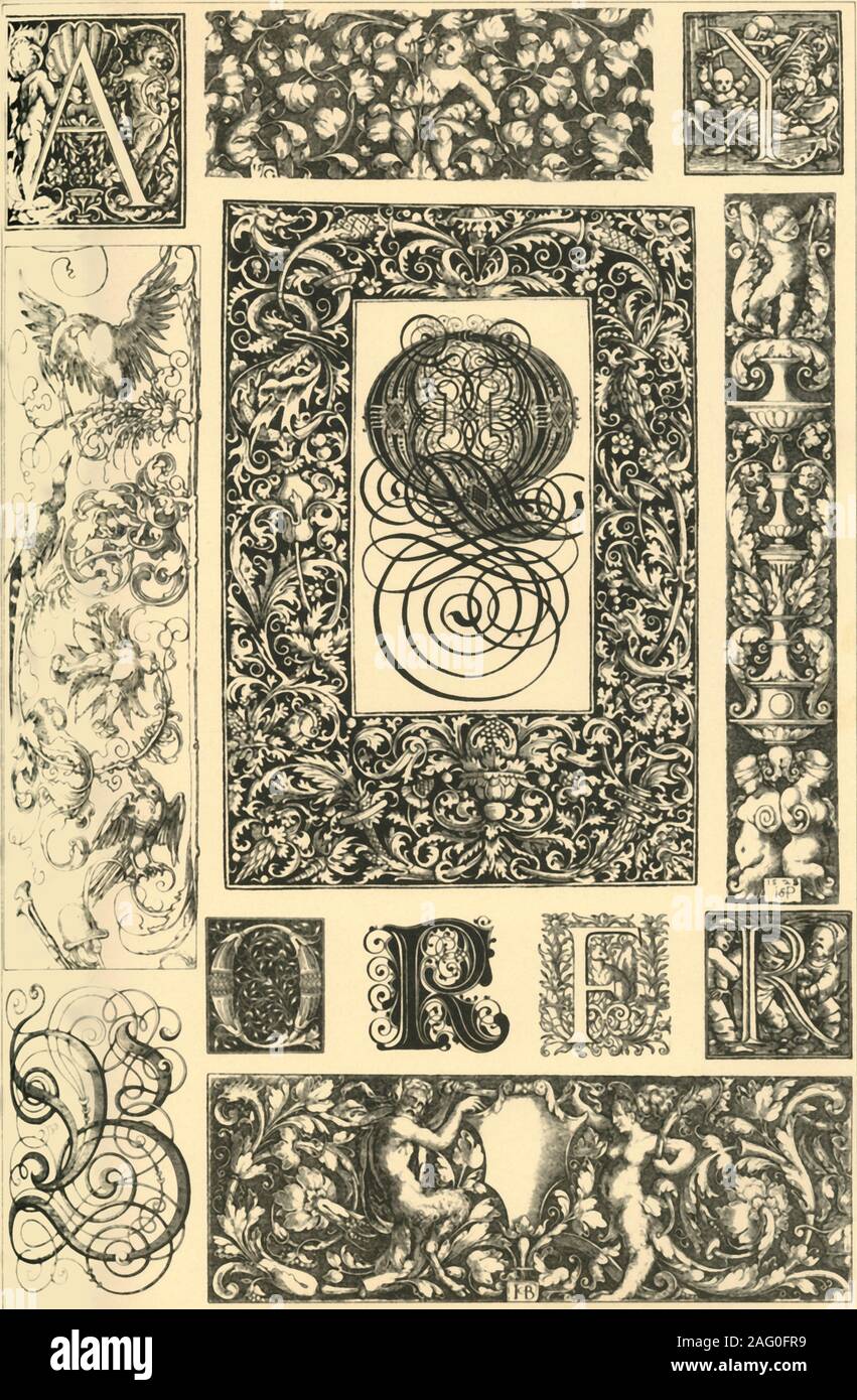 German Renaissance typographic ornaments, (1898). 'Fig 1: Title-frame (1519) probably by Hieronymus Hopfer. Fig 2: Initial by A. D&#xfc;rer. Fig 3: Frieze (1539) by A. Aldengrever [Heinrich Aldegrever?]. Fig 4: Initial from a dance-of-death alphabet by Hans Holbein. Fig 5: Marginal decoration from the prayer-book of the Emperor Charles V by A. D&#xfc;rer. Fig 6: Frieze (1528) by H. S. Beham. Fig 7: Initial (1518) by an unknown master. Fig 8: Initial by Paul Frank. Fig 9: Initial by Jost Aman [Jost Amman?]. Fig 10: Initial (1527-1532) from Hans Holbein's children's alphabet. Fig 11: Initial by Stock Photo
