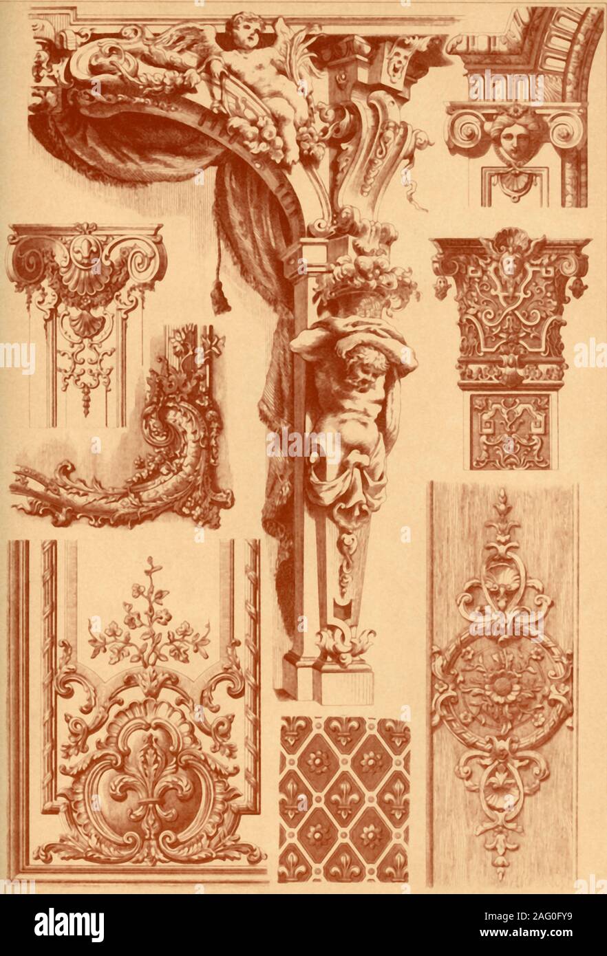 Plaster ornaments, France, 17th and 18th centuries, (1898). 'Fig 1: Panel decorations at door and window niches in the throne room of the Castle at Fontainebleau, style of Louis XIV [c1643-1715]. Fig 2: Projecting plane pattern in the panels of door and window niches in the queen's bed-chamber in the same Castle, style of Louis XIV. Fig 3: Wood carving from a wainscot in the Chateau de Bercy, style of Louis XIV. Fig 4: Capital of a mirror in the state-room of the Hotel de Lauzun at Paris, style of Louis XIV. Fig 5: Capital designed by the German Master Paul Decker, style of Louis XIV. Fig 6: C Stock Photo