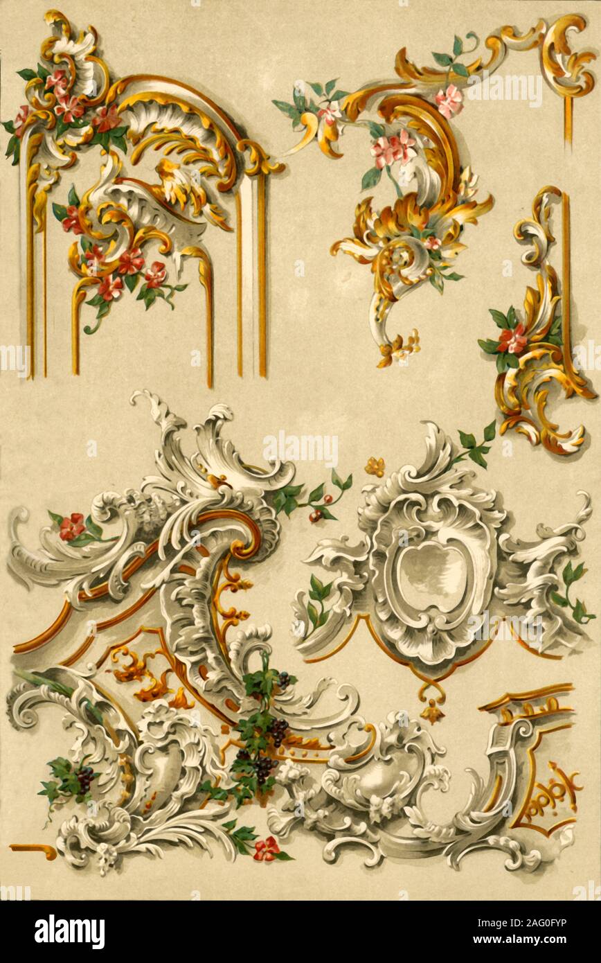 Painted plasterwork, Germany, 18th century, (1898). 'Figs 1-3: Portions of Carved Panelling in the Ducal Castle of Bruchsal [Schloss Bruchsal]. Figs 4-5: Portions of Plaster Ceiling in the same room. Drawn by H. Eberhardt, Stuttgart'. The Baroque palace of Schloss Bruchsal (also called the Damiansburg) in the state of Baden-W&#xfc;rttemberg, was built in the first half of the 18th century by Damian Hugo Philipp von Sch&#xf6;nborn, Prince-Bishop of Speyer. Plate 82a from &quot;The Historic Styles of Ornament&quot; translated from the German of H. Dolmetsch. [B.T. Batford, London, 1898] Stock Photo