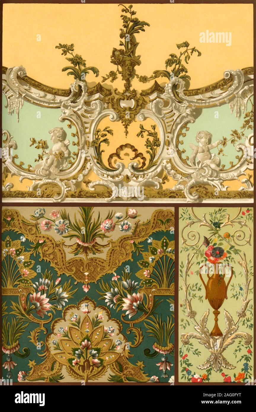 Painting, leather tapestry, stucco ornaments, France and Germany, 17th and 18th centuries, (1898). 'Fig 1: Stamped leather hangings in the style of Louis XIV from the Sammlung vaterl&#xe4;ndischer Alterth&#xfc;mer at Stuttgart. Fig 2: Ceiling decoration from the Castle at Bruchsal [Schloss Bruchsal]. Fig 3: Painted door panel from a manor house at Paris...we admire in this style the harmonious cooperation of architecture, sculpture and painting, rarely found elsewhere'. Plate 83 from &quot;The Historic Styles of Ornament&quot; translated from the German of H. Dolmetsch. [B.T. Batford, London, Stock Photo