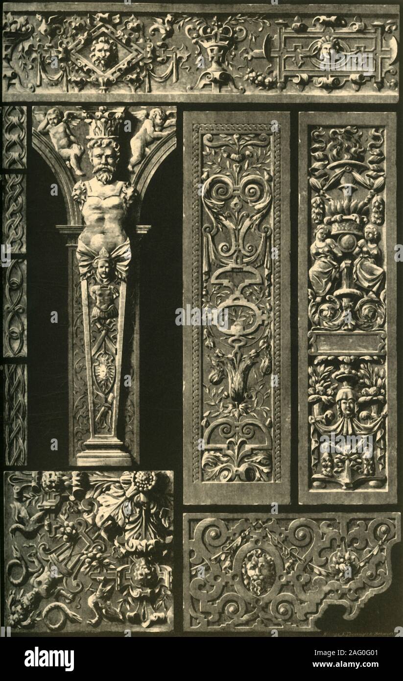 German Renaissance ornament in stone and wood, (1898). 'Fig 1: Herma from the tombs of Wurttembergian princes in the choir of the &quot;Stiftskirche&quot; at Stuttgart. Fig 2: Panel on the pillar of a bar in the great hall of the town-house at Nuremberg. Fig 3: Intrado on a door in the &quot;Otto-Heinrichs-Bau&quot; of Heidelberg Castle. Fig 4: Dado at a tomb of the &quot;Schenken&quot; at Limpurg in the choir of the principal church at Gaildorf. Figs 5-10: Wood carved panels and friezes from a hall ceiling in the castle at Jever. Plate 77 from &quot;The Historic Styles of Ornament&quot; trans Stock Photo