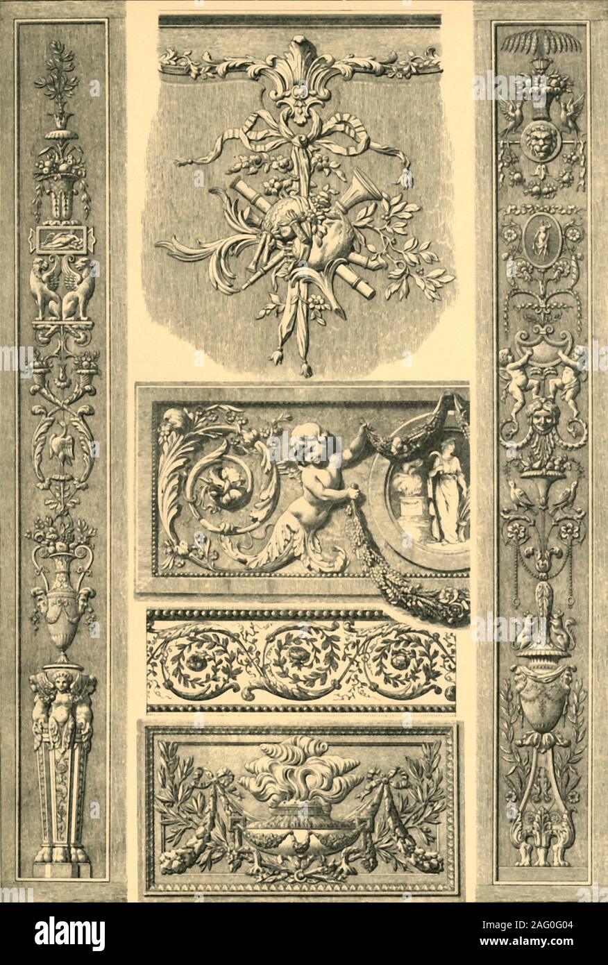 Painted plaster ornament, France, 18th century, (1898). 'Fig 1: Wood carving on a wainscot in the music room of the arsenal library at Paris, style of Louis XV [c1715-1774]. Figs 2 and 3: Carved pilaster from the wainscot of a saloon at Paris, style of Louis XVI [c1774-1792]. Fig 4: Painted frieze from the boudoir of Queen Marie Antoinette in the Castle at Fontainebleau, style of Louis XVI. Fig 5: Panel of a stucco cavetto at a ceiling of a saloon at Paris, style of Louis XVI. Fig 6. Carved wall panel above a saloon door in the H&#xf4;tel de Ville at Bordeaux, style of Louis XVI...&quot;Zopfst Stock Photo