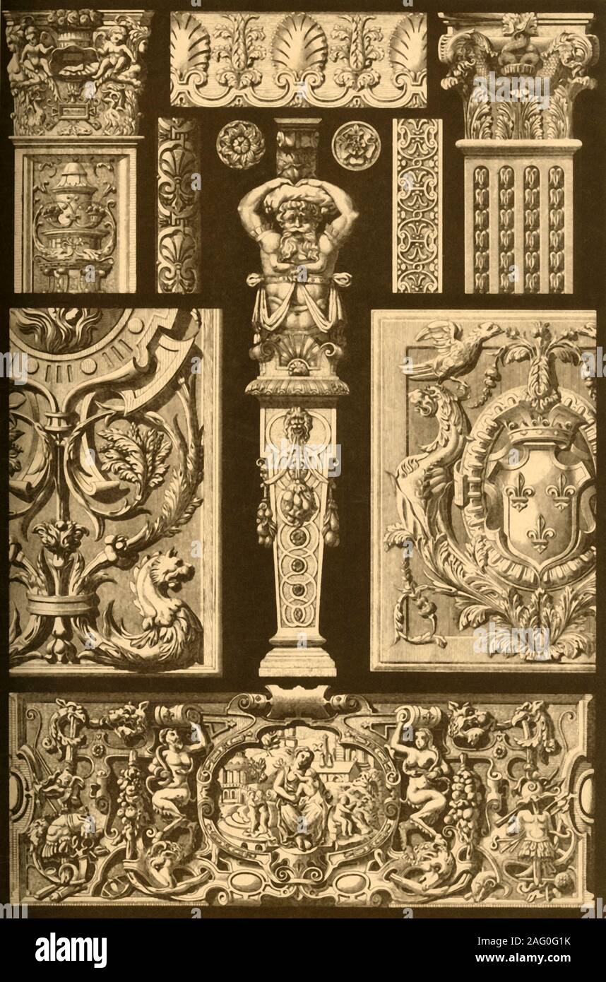 French Renaissance ornaments in stone and wood, (1898). 'Fig 1: Pilaster-capital from a chimney in the H&#xf4;tel Lasbordes at Toulouse (Fran&#xe7;ois I), [16th century]. Fig 2: Carved panel on the wainscot of the gallery of Fran&#xe7;ois I in the castle at Fontainebleau. Fig 3: Carved panel-ornament from a door in the Justice-palace at Dijon (Fran&#xe7;ois I till Henri II). Fig 4: Torus-decoration in the chapel of the Castle at Anet (Henri II), [16th century]. Fig 5: Decoration of a window-frame on the Louvre at Paris (Henri II). Fig 6: Wood-rosette from the gallery of Henri II in the Castle Stock Photo