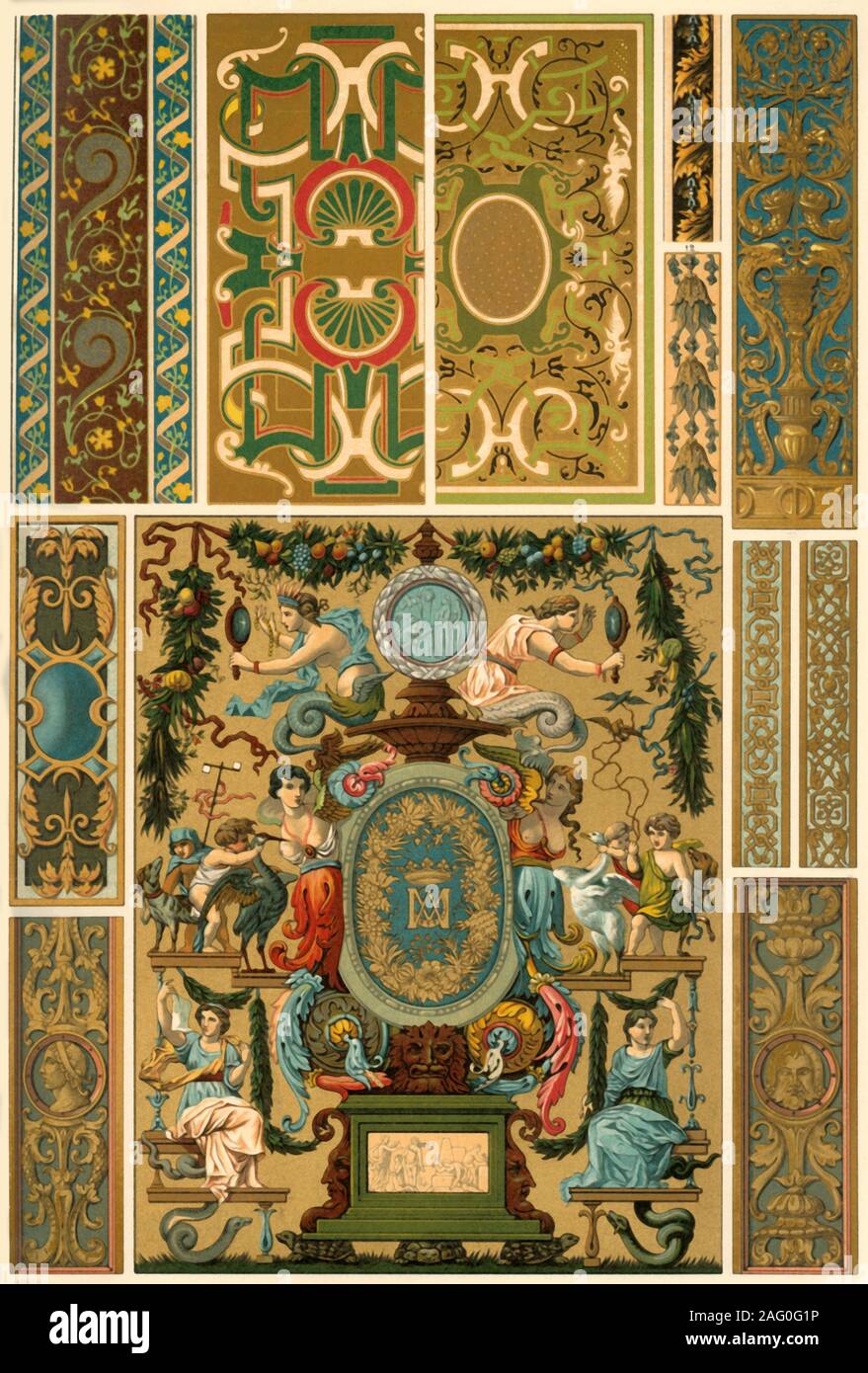 1880s Color Litho Print CARPET PAINTINGS French Renaissance Castle at Blois