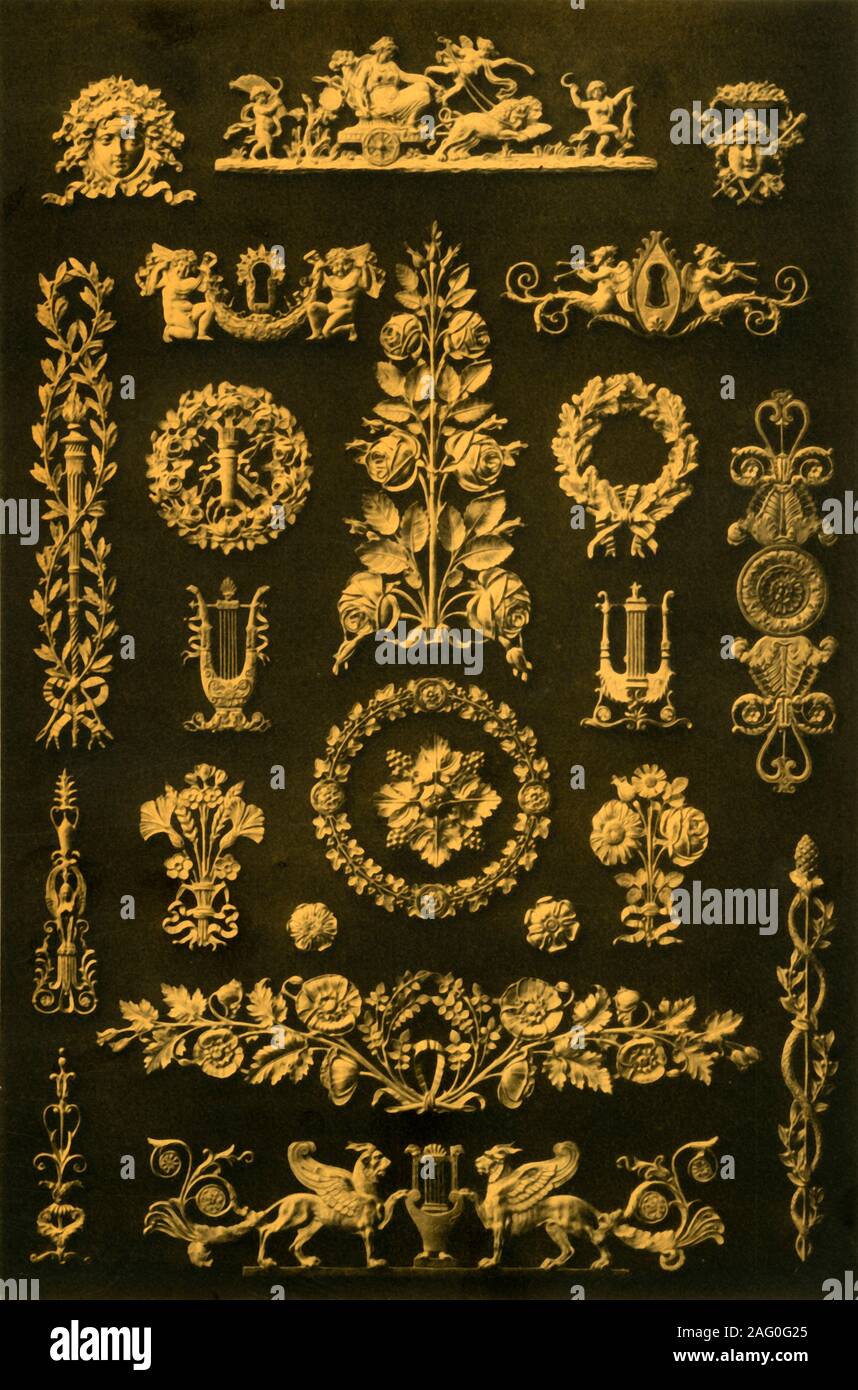 Metal ornaments, France and Germany, 19th century, (1898). Empire style fittings: Figs 1-23: Metal-Ornaments of furniture in the King's Palace [New Palace?] at Stuttgart and from the public collection of Wurttemburg antiquities in that place....The Napoleonic wars had considerable influence on the Empire-Style, in which afterwards were to be found emblems of Victory, eagles, laurel-wreaths and such like. In consequence of the Egyptian campaign new decorative elements were adopted, as for instance the capitals of Lotus-flowers, Sphinxes, winged lions and other Egyptian figures, joined sometimes Stock Photo