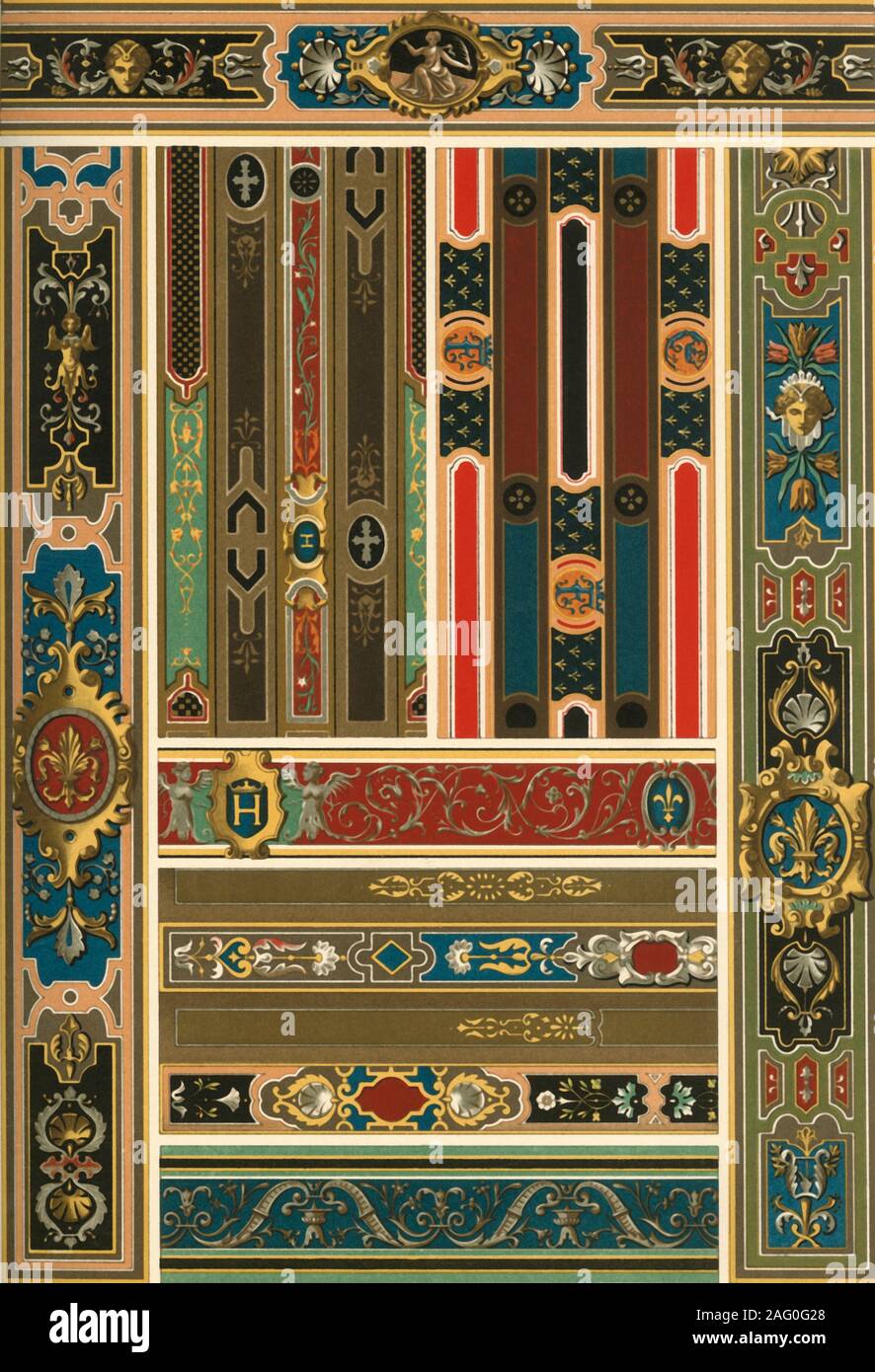 French Renaissance ceiling painting, (1898). 'Figs 1 and 3: Painted ceilings of timbers in the Castle at Blois (Fran&#xe7;ois I), [16th century]. Figs 2 and 4: Painted binding-beams on the same ceilings. Fig 5: Painted span-ceiling in the Castle at Wideville (Louis XIII), [17th century]. Figs 6, 7 and 8: Painted binding-beams on the same ceiling...In this plate span-ceilings only are taken into consideration, the character of which is entirely preserved by the applied painting. Each single beam has a special painting, several of them together forming a pattern regularly repeated...The lateral Stock Photo