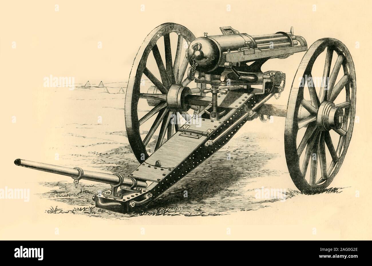 'The Gatling Mitrailleuse', c1872. The Gatling gun was an early rapid-fire spring loaded, hand cranked weapon invented by Richard Gatling. From &quot;The Franco-Prussian War: its causes, incidents and consequences&quot;, Volume I, by Captain H M Hozier. [William Mackenzie, London, 1872] Stock Photo